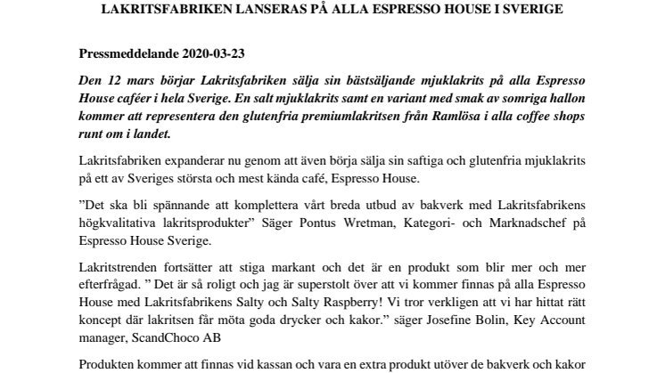 LAKRITSFABRIKEN LANSERAS PÅ ALLA ESPRESSO HOUSE I SVERIGE