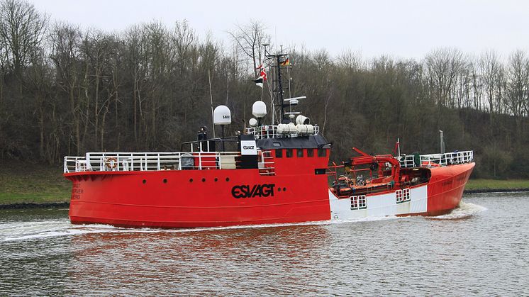 The 'Esvagt Preserver' on its way through the Kiel Canal after a successful refit.