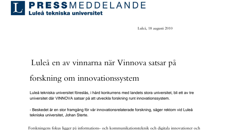 Luleå en av vinnarna när Vinnova satsar på forskning om innovationssystem