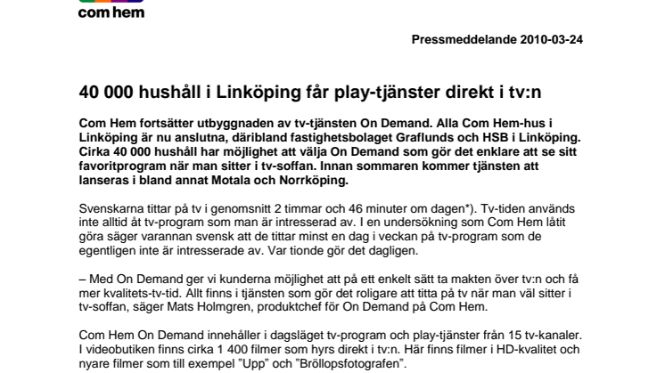 40 000 hushåll i Linköping får play-tjänster direkt i tv:n