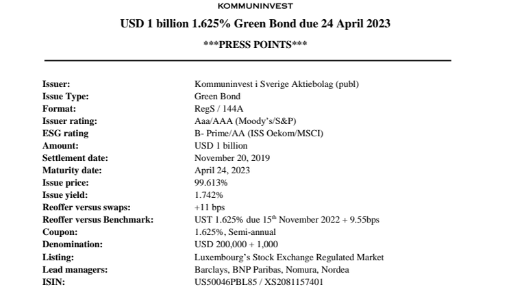Kommuninvest Green Bonds Nov 2019 - Press Points