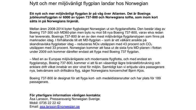 Nytt och mer miljövänligt flygplan landar hos Norwegian 