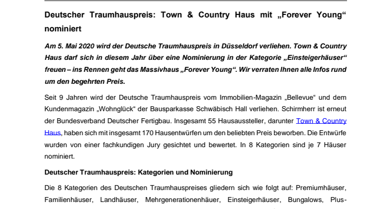Deutscher Traumhauspreis: Town & Country Haus mit „Forever Young“ nominiert