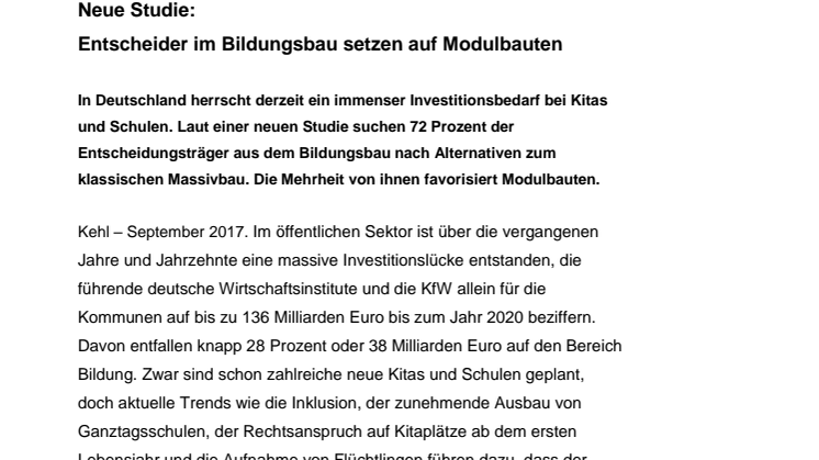 Neue Studie:  Entscheider im Bildungsbau setzen auf Modulbauten