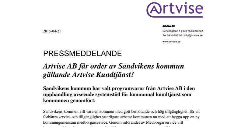 Artvise AB får order av Sandvikens kommun gällande Artvise Kundtjänst!