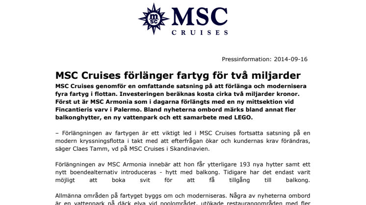 MSC Cruises förlänger fartyg för två miljarder