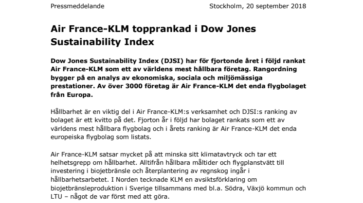 Air France-KLM topprankad i Dow Jones Sustainability Index