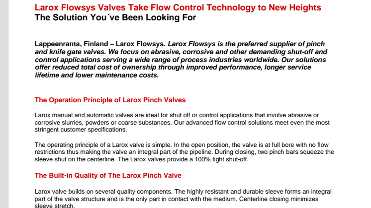 Larox Flowsys Valves Take Flow Control Technology to New Heights