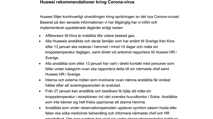 Huawei rekommendationer och rutiner kring Corona-virus, 2020-02-04