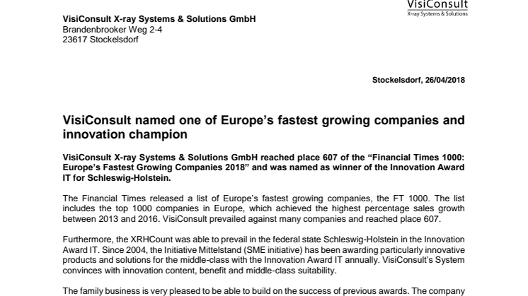 VisiConsult named one of Europe’s fastest growing companies and innovation champion 