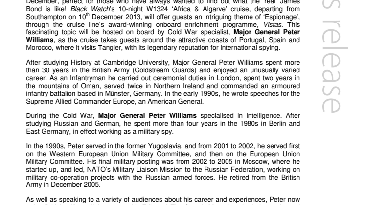 Top secret! Major General Peter Williams hosts an ‘Espionage’ theme aboard Fred. Olsen’s ‘Africa & Algarve’ cruise