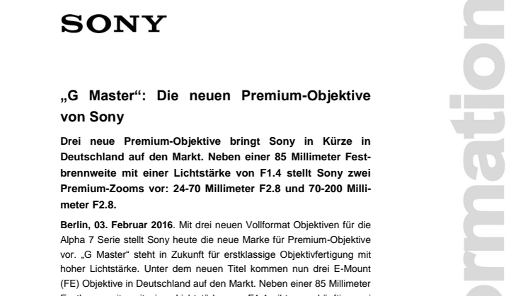 „G Master“: Die neuen Premium-Objektive von Sony 
