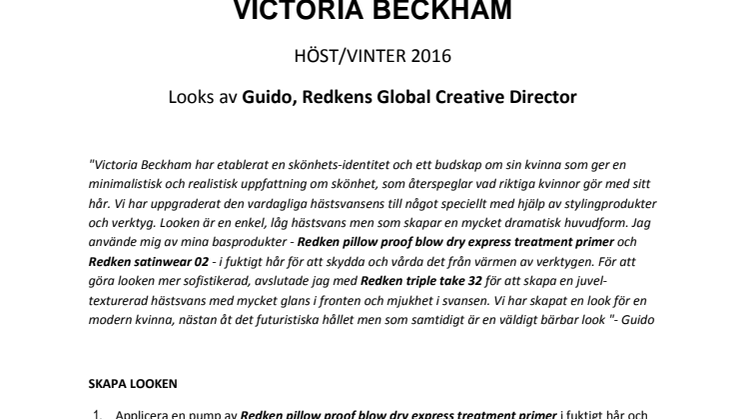 Victoria Beckham AW 16 Press Release