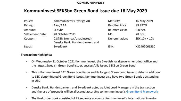 Green Bond Issue Deal Summary