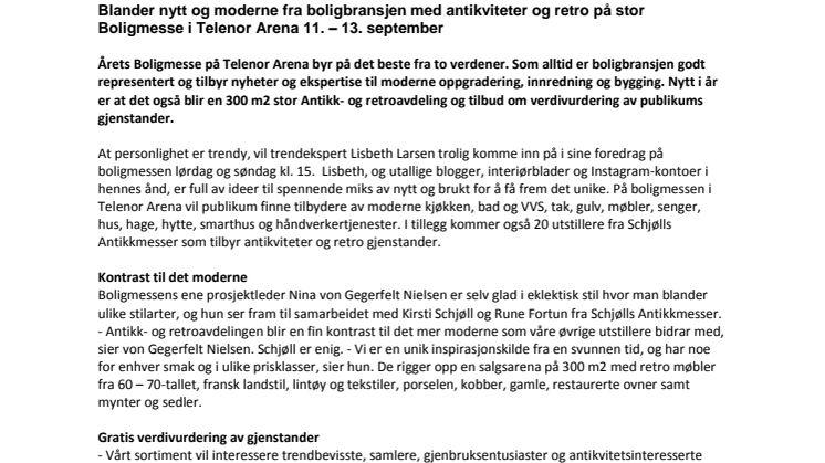 Blander nytt og moderne fra boligbransjen med antikviteter og retro på stor Boligmesse i Telenor Arena 11. – 13. september 