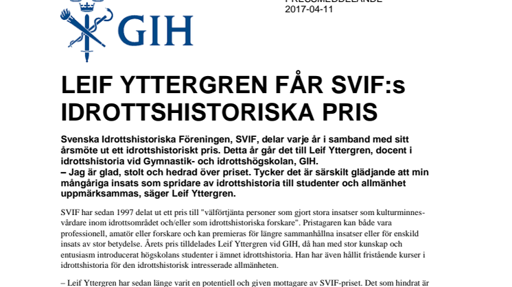 Leif Yttergren får SVIF:s idrottshistoriska pris