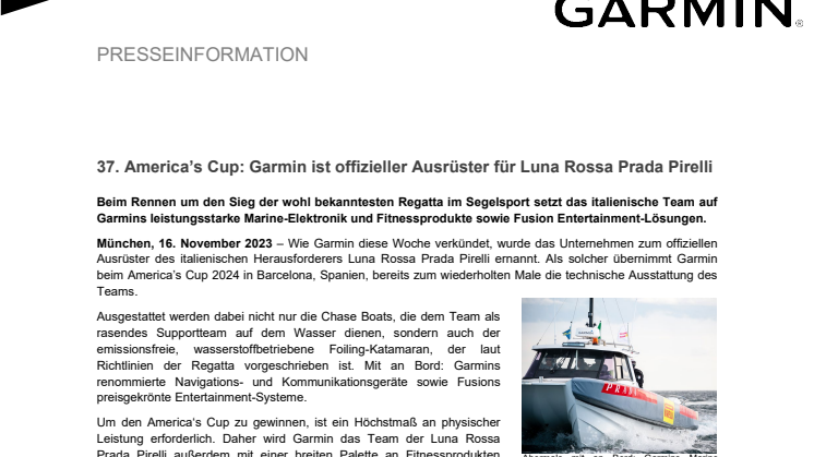 PM Garmin offizieller Ausrüster für Luna Rossa Prada Pirelli