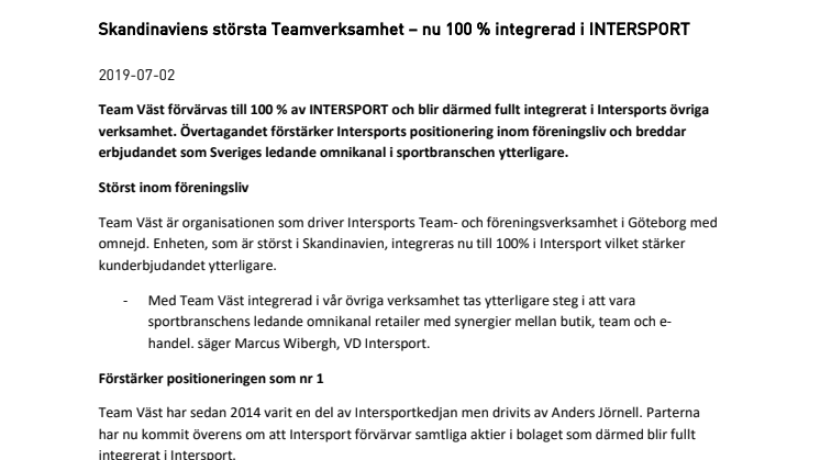 Skandinaviens största Teamverksamhet - nu 100 % integrerad i INTERSPORT 