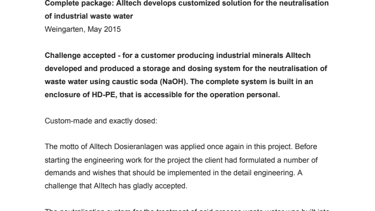 Press release: Alltech develops customized solution for the neutralisation of industrial waste water