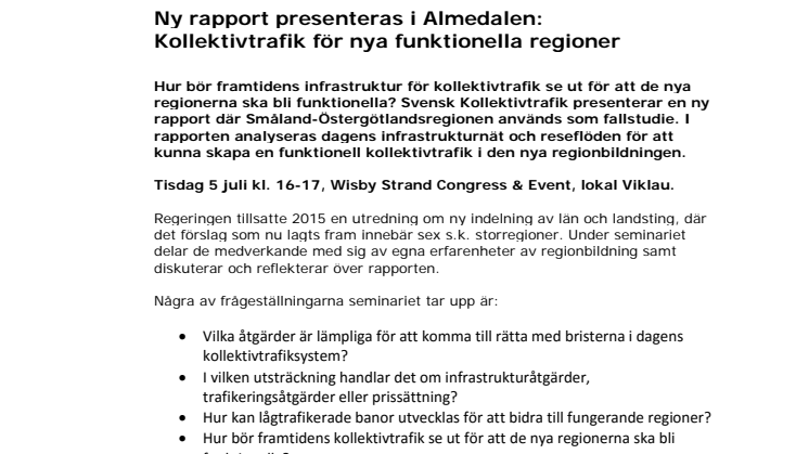 Inbjudan Almedalen: ny rapport om kollektivtrafik för nya funktionella regioner