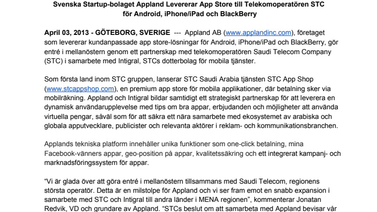 Svenska Startup-bolaget Appland Levererar App Store till Telekomoperatören STC för Android, iPhone/iPad och BlackBerry