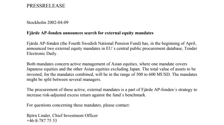 AP4 announces search for external equity mandates