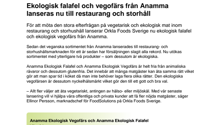 ​​Ekologisk falafel och vegofärs från Anamma lanseras nu till restaurang och storhushåll