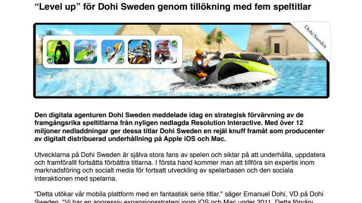 “Level up” för Dohi Sweden genom tillökning med fem speltitlar