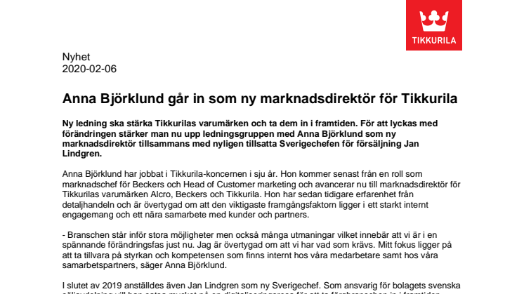 Anna Björklund går in som ny marknadsdirektör för Tikkurila 