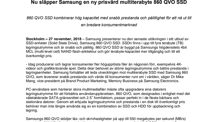 Nu släpper Samsung en ny prisvärd multiterabyte 860 QVO SSD