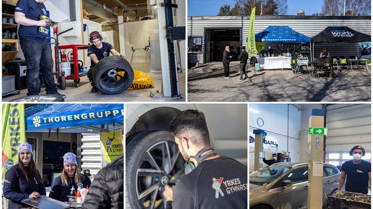 Både Yrkesgymnasiet i Umeå och i Skellefteå (längst ned till höger) körde däckbytardagar där pengarna gick till välgörande ändamål. Foto: Robert Ekblom/Thorengruppen