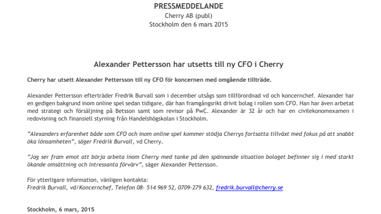 Alexander Pettersson har utsetts till ny CFO i Cherry
