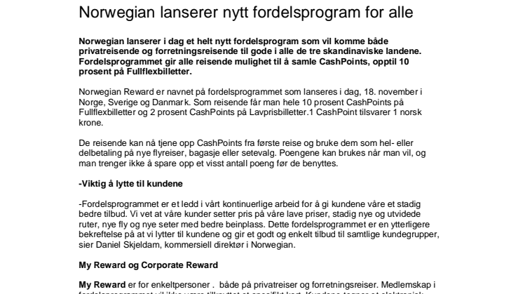 Norwegian lanserer nytt fordelsprogram for alle