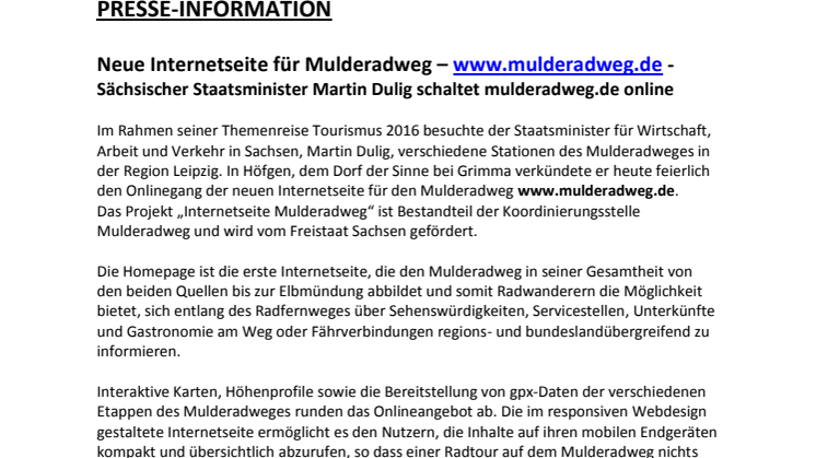 Pressemitteilung Onlineschaltung mulderadweg.de