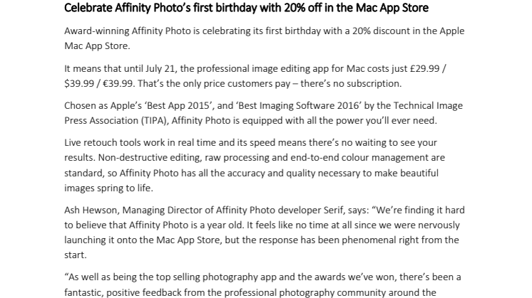 Celebrate Affinity Photo’s first birthday with 20% off in the Mac App Store