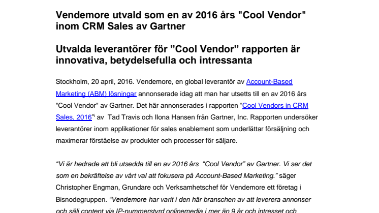 Vendemore utvald som en av 2016 års "Cool Vendor" inom CRM Sales av Gartner