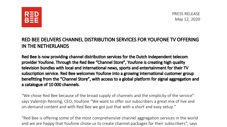 Red Bee Delivers Channel Distribution Services for Youfone TV Offering in the Netherlands