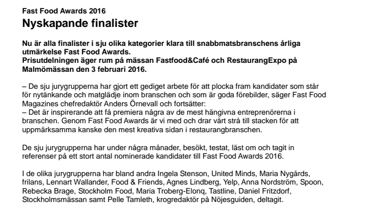 Fast Food Awards 2016 - Nyskapande finalister