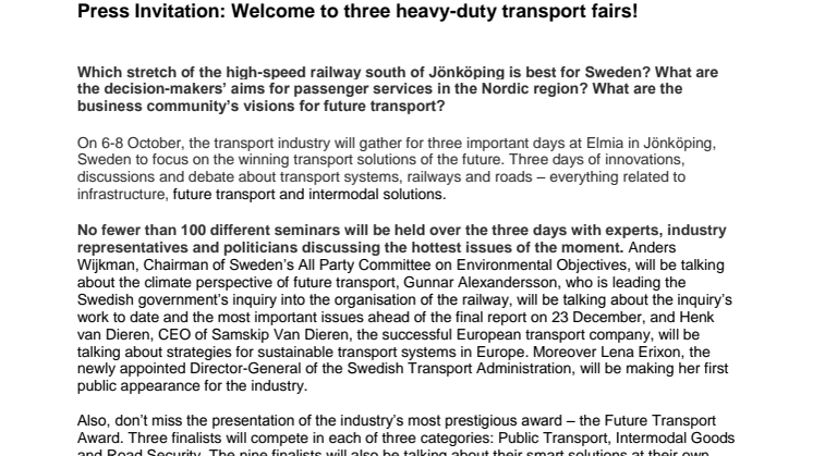 Elmia Future Transport, Press Invitation, english version