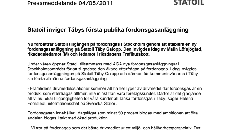 Statoil inviger Täbys första publika fordonsgasanläggning 