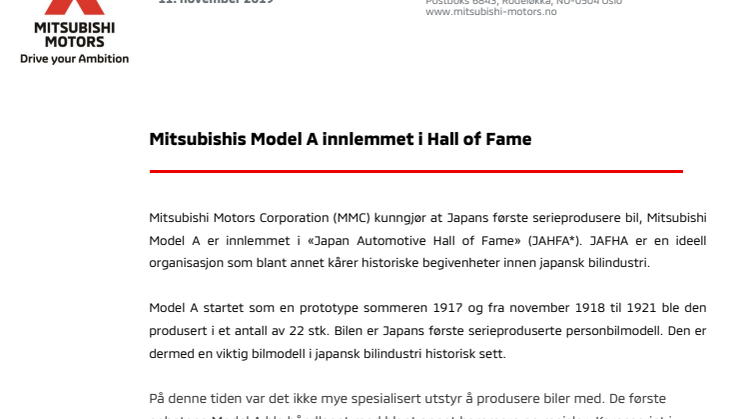 Mitsubishis Model A innlemmet i Hall of Fame