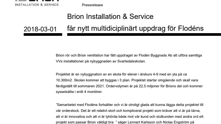Brion Installation & Service  får nytt multidisciplinärt uppdrag för Flodéns