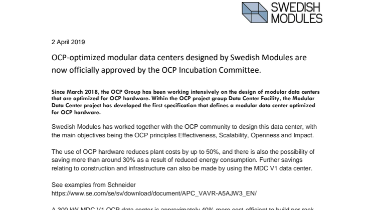 OCP-optimized modular data centers designed by Swedish Modules are now officially approved by the OCP Incubation Committee