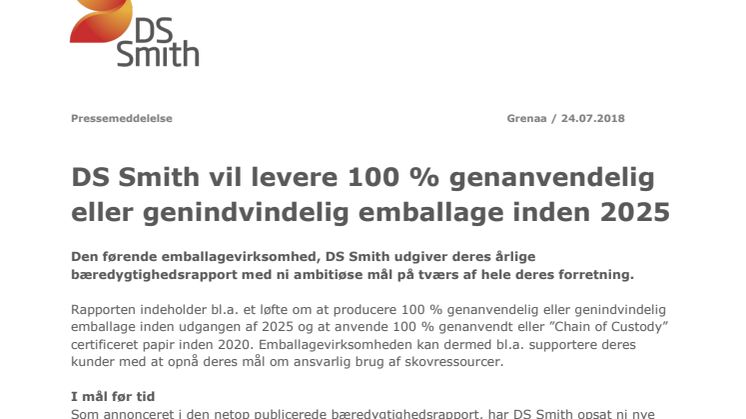 DS Smith vil levere 100 % genanvendelig eller genindvindelig emballage inden 2025