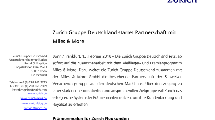 Zurich Gruppe Deutschland startet Partnerschaft mit Miles & More