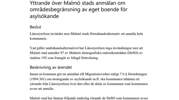 Yttrande över Malmö stads anmälan