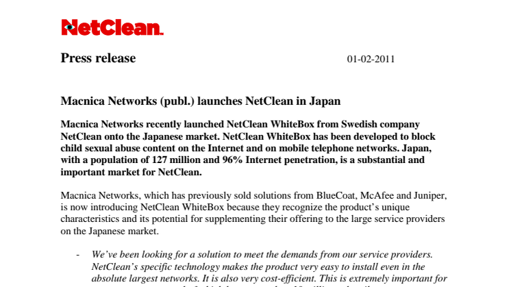 Macnica Networks (publ.) launches NetClean in Japan