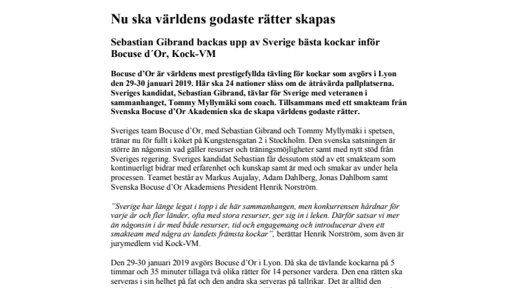 Sebastian Gibrand backas upp av Sverige bästa kockar inför Bocuse d´Or, Kock-VM