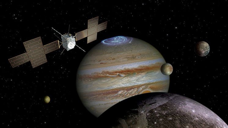 Juice, med svenska instrument ombord, blir den första rymdsonden någonsin att flyga förbi månen och 1,5 dygn senare jorden. Rymdsonden behöver maximal gravitationsassistans till Jupitersystemet. Cred: ESA/ATG medialab