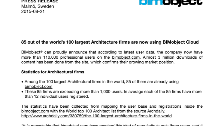 ​85 out of the world’s 100 largest Architecture firms are now using BIMobject Cloud